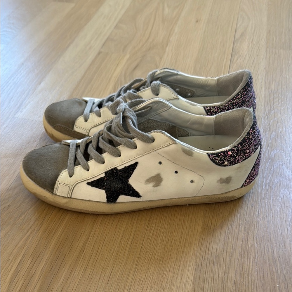 Golden Goose super-star sneakers white taupe fuchsia black multi glitter heel 39